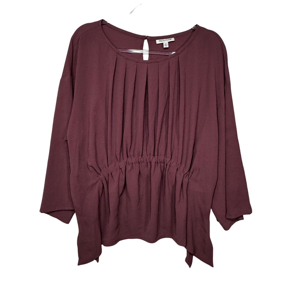 Prologue Blouse Womens XL Burgundy Pleated Cinched Waist Crepe‎ Top